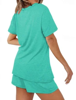 Women's Loungewear Nighty Sets 2 Pieces Pure Color Simple Comfort Home Street Cotton Crew Neck Short Sleeve T shirt Tee Shorts Summer Spring Home Outfits