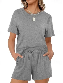 Women's Loungewear Nighty Sets 2 Pieces Pure Color Simple Comfort Home Street Cotton Crew Neck Short Sleeve T shirt Tee Shorts Summer Spring Home Outfits