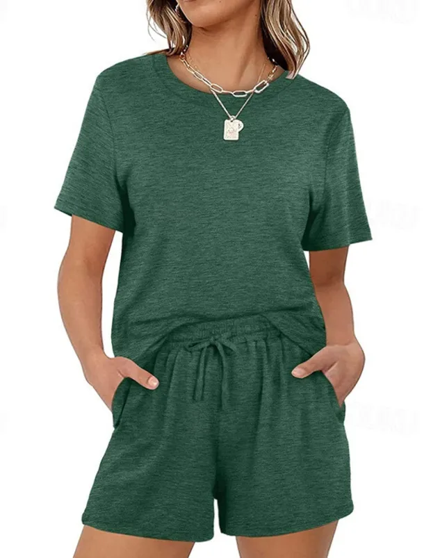 Women's Loungewear Nighty Sets 2 Pieces Pure Color Simple Comfort Home Street Cotton Crew Neck Short Sleeve T shirt Tee Shorts Summer Spring Home Outfits
