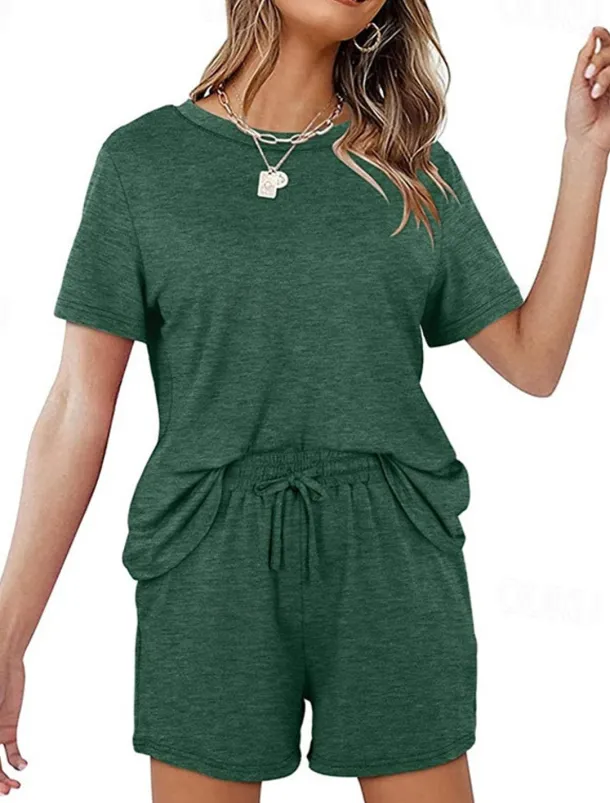 Women's Loungewear Nighty Sets 2 Pieces Pure Color Simple Comfort Home Street Cotton Crew Neck Short Sleeve T shirt Tee Shorts Summer Spring Home Outfits