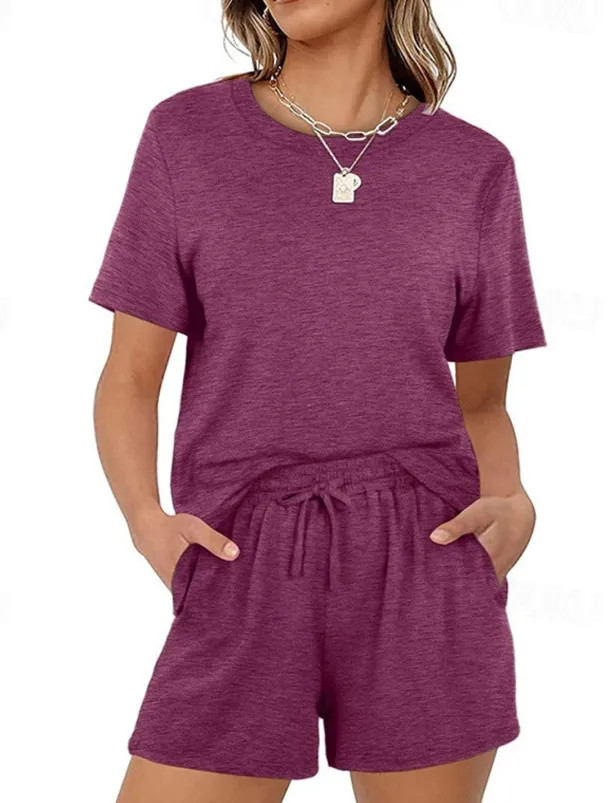 Women's Loungewear Nighty Sets 2 Pieces Pure Color Simple Comfort Home Street Cotton Crew Neck Short Sleeve T shirt Tee Shorts Summer Spring Home Outfits