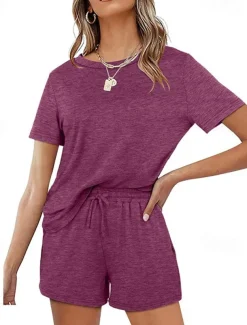 Women's Loungewear Nighty Sets 2 Pieces Pure Color Simple Comfort Home Street Cotton Crew Neck Short Sleeve T shirt Tee Shorts Summer Spring Home Outfits