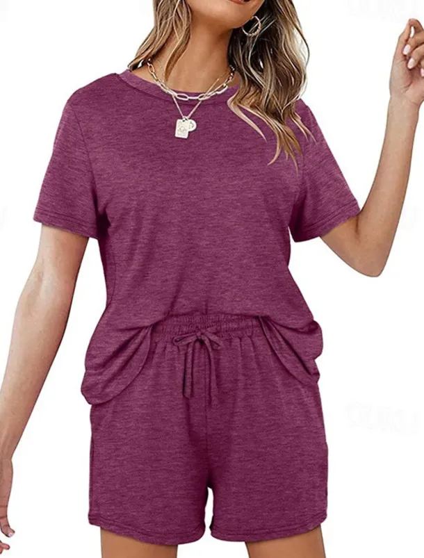 Women's Loungewear Nighty Sets 2 Pieces Pure Color Simple Comfort Home Street Cotton Crew Neck Short Sleeve T shirt Tee Shorts Summer Spring Home Outfits