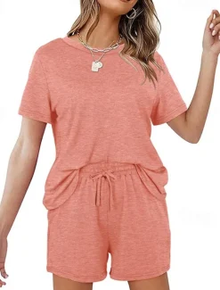 Women's Loungewear Nighty Sets 2 Pieces Pure Color Simple Comfort Home Street Cotton Crew Neck Short Sleeve T shirt Tee Shorts Summer Spring Home Outfits