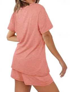 Women's Loungewear Nighty Sets 2 Pieces Pure Color Simple Comfort Home Street Cotton Crew Neck Short Sleeve T shirt Tee Shorts Summer Spring Home Outfits