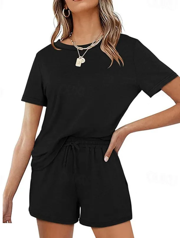Women's Loungewear Nighty Sets 2 Pieces Pure Color Simple Comfort Home Street Cotton Crew Neck Short Sleeve T shirt Tee Shorts Summer Spring Home Outfits