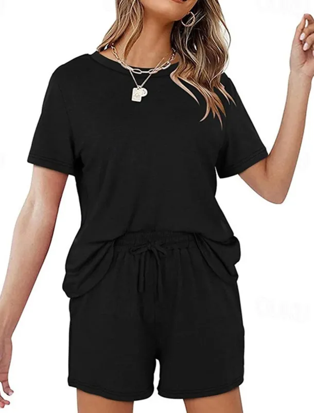 Women's Loungewear Nighty Sets 2 Pieces Pure Color Simple Comfort Home Street Cotton Crew Neck Short Sleeve T shirt Tee Shorts Summer Spring Home Outfits