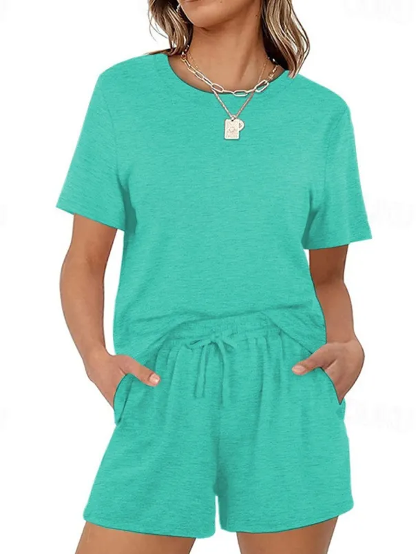 Women's Loungewear Nighty Sets 2 Pieces Pure Color Simple Comfort Home Street Cotton Crew Neck Short Sleeve T shirt Tee Shorts Summer Spring Home Outfits