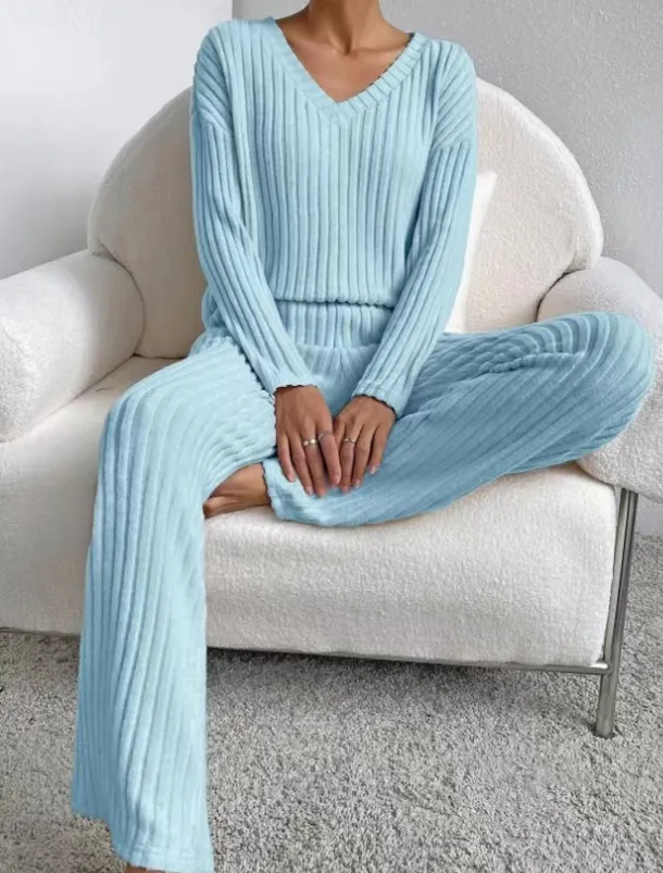 Women's Loungewear Pajama Set Simple Home V Neck Long Sleeve Pullover Pant Spring Fall Black Blue Home Outfits