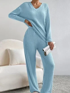 Women's Loungewear Pajama Set Simple Home V Neck Long Sleeve Pullover Pant Spring Fall Black Blue Home Outfits