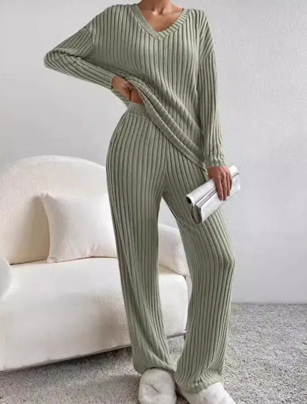 Women's Loungewear Pajama Set Simple Home V Neck Long Sleeve Pullover Pant Spring Fall Black Blue Home Outfits