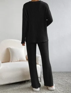 Women's Loungewear Pajama Set Simple Home V Neck Long Sleeve Pullover Pant Spring Fall Black Blue Home Outfits