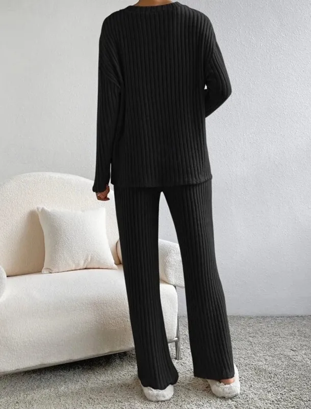 Women's Loungewear Pajama Set Simple Home V Neck Long Sleeve Pullover Pant Spring Fall Black Blue Home Outfits