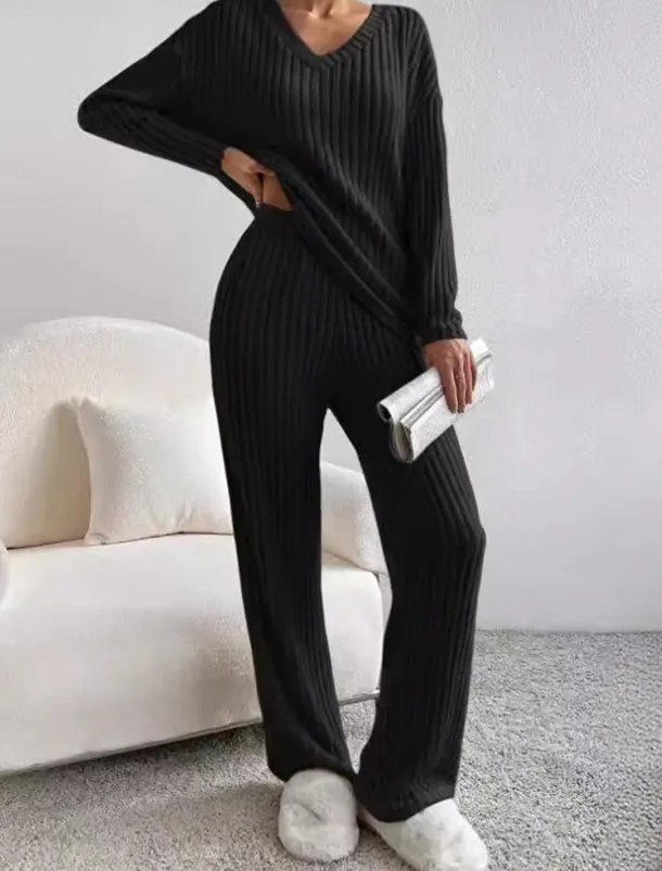 Women's Loungewear Pajama Set Simple Home V Neck Long Sleeve Pullover Pant Spring Fall Black Blue Home Outfits