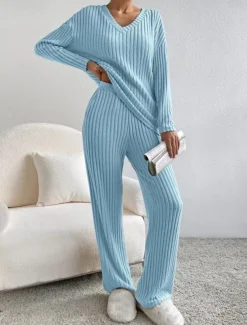 Women's Loungewear Pajama Set Simple Home V Neck Long Sleeve Pullover Pant Spring Fall Black Blue Home Outfits