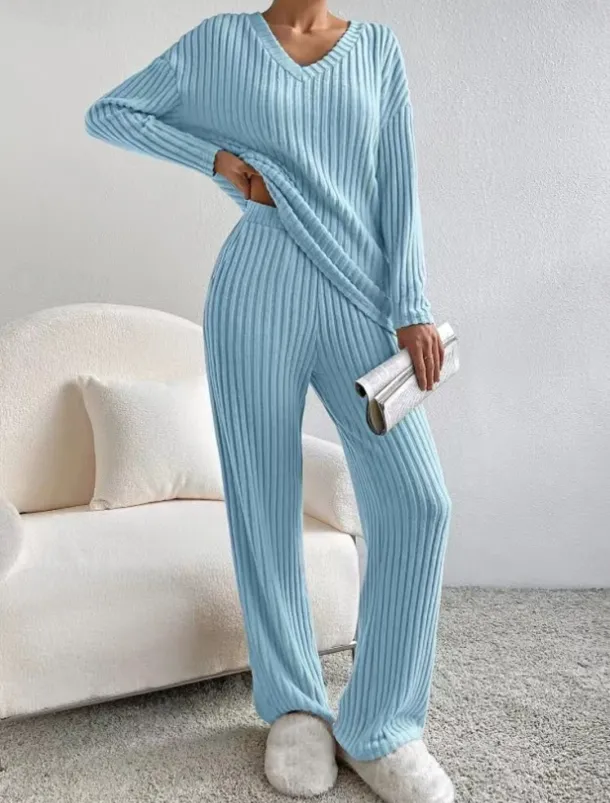 Women's Loungewear Pajama Set Simple Home V Neck Long Sleeve Pullover Pant Spring Fall Black Blue Home Outfits