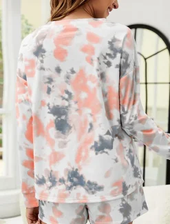 Women's Loungewear Pajama Set 2 Pieces Tie Dye Casual Comfort Home Comfort Crew Neck Long Sleeve Pullover Shorts Spring Fall Home Outfits