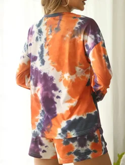Women's Loungewear Pajama Set 2 Pieces Tie Dye Casual Comfort Home Comfort Crew Neck Long Sleeve Pullover Shorts Spring Fall Home Outfits