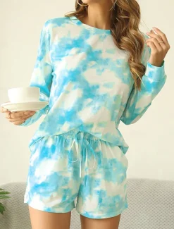 Women's Loungewear Pajama Set 2 Pieces Tie Dye Casual Comfort Home Comfort Crew Neck Long Sleeve Pullover Shorts Spring Fall Blue Home Outfits
