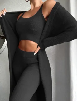 Women's Loungewear Sets 3 Pieces Pure Color Fashion Plush Casual Home Daily Vacation Knit Cotton Blend Warm Breathable Crew Neck Long Sleeve Pant Fall Winter Home Outfits