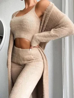 Women's Loungewear Sets 3 Pieces Pure Color Fashion Plush Casual Home Daily Vacation Knit Cotton Blend Warm Breathable Crew Neck Long Sleeve Pant Fall Winter Home Outfits