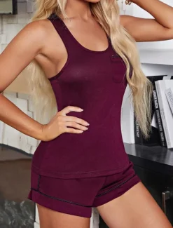 Women's Loungewear Sets Pure Color Active Sport Casual Daily Going out Gyms Breathable Sleeveless Tank Top Pant Backless Pocket Fall Winter Home Outfits