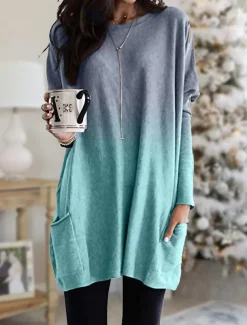 Women's Loungewear Top Gradient Simple Casual Comfort Home Daily Breathable Crew Neck Long Sleeve Pocket Fall Winter Home Outfits