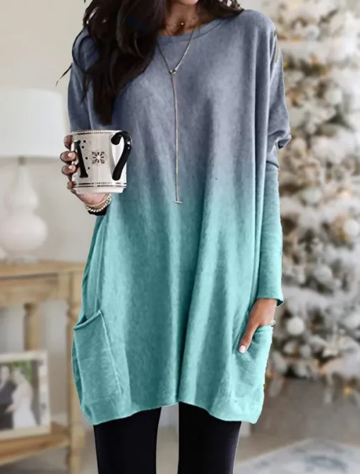 Women's Loungewear Top Gradient Simple Casual Comfort Home Daily Breathable Crew Neck Long Sleeve Pocket Fall Winter Home Outfits