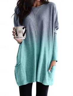Women's Loungewear Top Gradient Simple Casual Comfort Home Daily Breathable Crew Neck Long Sleeve Pocket Fall Winter Home Outfits