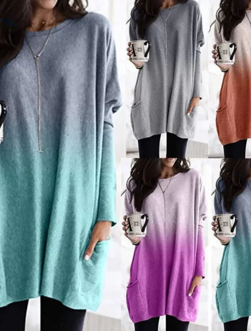Women's Loungewear Top Gradient Simple Casual Comfort Home Daily Breathable Crew Neck Long Sleeve Pocket Fall Winter Home Outfits