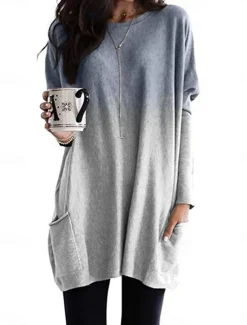 Women's Loungewear Top Gradient Simple Casual Comfort Home Daily Breathable Crew Neck Long Sleeve Pocket Fall Winter Home Outfits