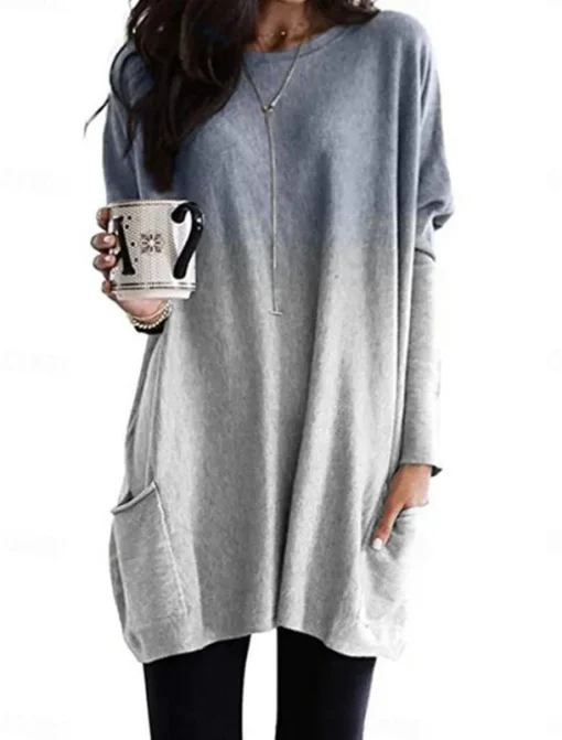 Women's Loungewear Top Gradient Simple Casual Comfort Home Daily Breathable Crew Neck Long Sleeve Pocket Fall Winter Home Outfits