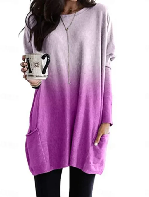 Women's Loungewear Top Gradient Simple Casual Comfort Home Daily Breathable Crew Neck Long Sleeve Pocket Fall Winter Home Outfits