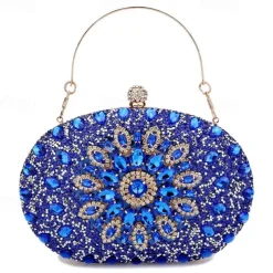 Women's Luxury Blue Crystal Evening Clutch – Rhinestone Handbag with Handle for Weddings, Parties, and Formal Events