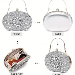 Women's Luxury Blue Crystal Evening Clutch – Rhinestone Handbag with Handle for Weddings, Parties, and Formal Events