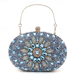 Women's Luxury Blue Crystal Evening Clutch – Rhinestone Handbag with Handle for Weddings, Parties, and Formal Events