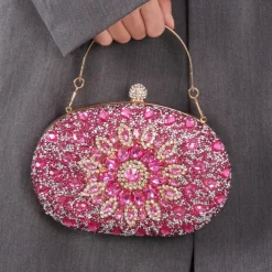 Women's Luxury Blue Crystal Evening Clutch – Rhinestone Handbag with Handle for Weddings, Parties, and Formal Events