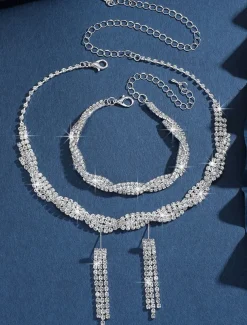 Women's Luxury Rhinestone Jewelry Set - Elegant Necklace, Bracelet, and Earrings for Weddings, Parties, and Formal Occasions