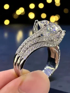 Women's Luxury Silver-Plated Ring with Large Round Cut Zircon and Pave Crystal Detailing - Elegant Statement Jewelry for Parties and Formal Occasions