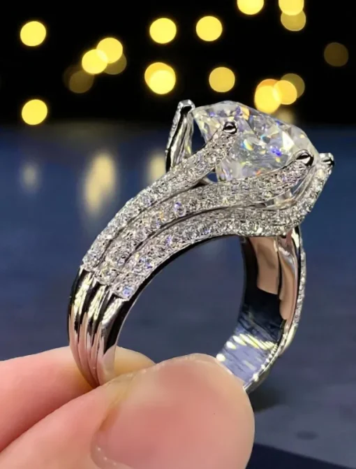 Women's Luxury Silver-Plated Ring with Large Round Cut Zircon and Pave Crystal Detailing - Elegant Statement Jewelry for Parties and Formal Occasions