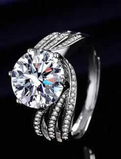 Women's Luxury Silver-Plated Ring with Large Round Cut Zircon and Pave Crystal Detailing - Elegant Statement Jewelry for Parties and Formal Occasions