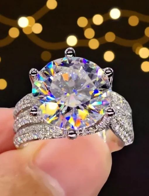 Women's Luxury Silver-Plated Ring with Large Round Cut Zircon and Pave Crystal Detailing - Elegant Statement Jewelry for Parties and Formal Occasions