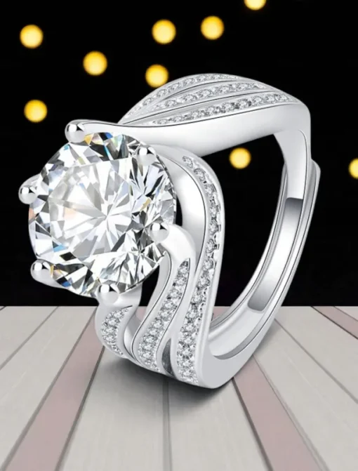 Women's Luxury Silver-Plated Ring with Large Round Cut Zircon and Pave Crystal Detailing - Elegant Statement Jewelry for Parties and Formal Occasions