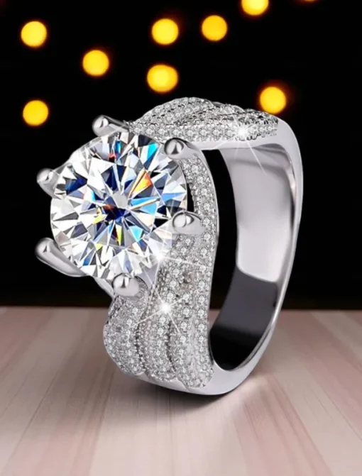 Women's Luxury Silver-Plated Ring with Large Round Cut Zircon and Pave Crystal Detailing - Elegant Statement Jewelry for Parties and Formal Occasions