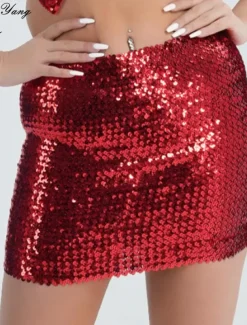 Women's Mardi Gras Skirt Bodycon Sparkly Skirt Mini Skirts Sequins Solid Colored Performance Party Summer Fashion Sexy Black Silver Golden Red Carnival Theme
