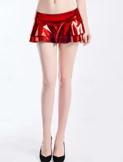 Women's Mardi Gras Skirt Bodycon Sparkle & Shine Mini Low Waist Skirts Solid Colored Ruffle Layered Carnival Party Black Pink Red Blue Spring Faux Leather Leather Carnival Theme