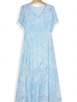 Women's Maxi Dress A Line Dress Elegant Daily Date Regular Fit Floral V Neck Blue Summer