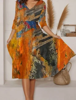 Women's Maxi Dress A Line Dress Summer Dress Vacation Casual Daily Regular Fit Graphic Abstract Long Sleeve V Neck Blue Purple Orange Summer