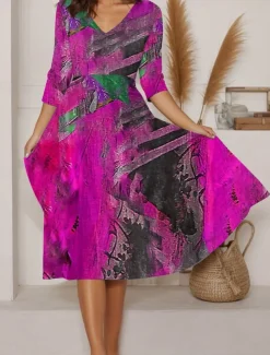 Women's Maxi Dress A Line Dress Summer Dress Vacation Casual Daily Regular Fit Graphic Abstract Long Sleeve V Neck Blue Purple Orange Summer