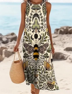 Women's Maxi Dress A Line Dress Off The Shoulder Dress Vacation Casual Boho Going out Standard Fit Floral Graphic Sleeveless U Neck Light Yellow Blue Summer Spring
